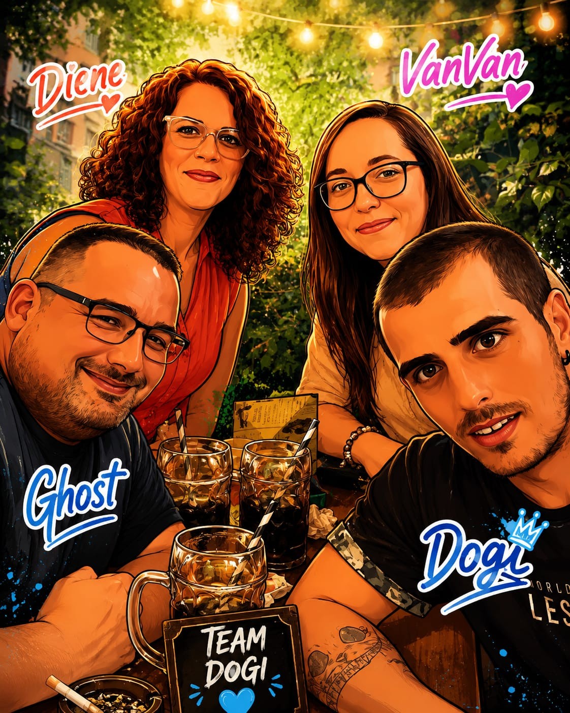 Diene, Ghost, VanVan und Dogi bei einem gemeinsamen Treffen von Team Dogi